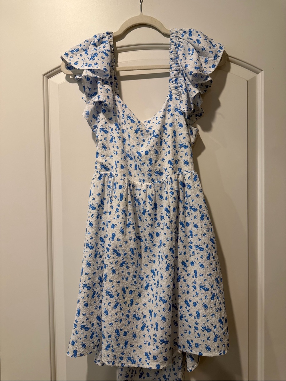 Francesca's Collections White Dress with Blue Floral Ruffles